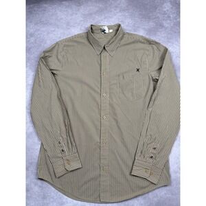 Hurley Shirt Mens XL Beige Brown Striped Button Up Long Sleeve Pocket Skater